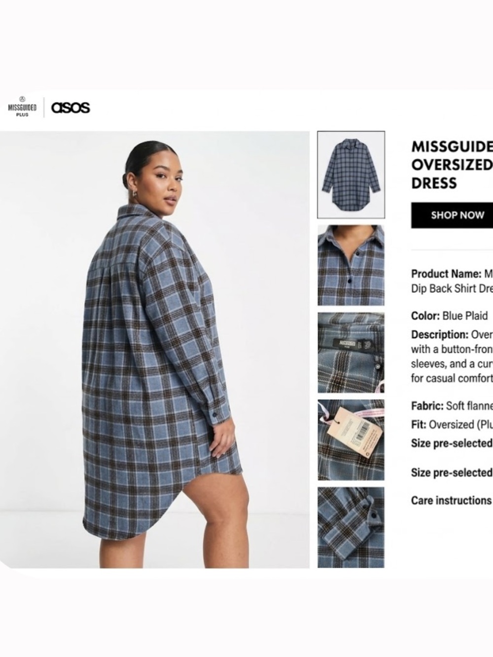 Missguided Plus Blue Gray Plaid Oversized Shirt Dress